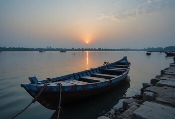Fototapeta premium Tranquil Sunset River Scene: A Weathered Boat at Dusk