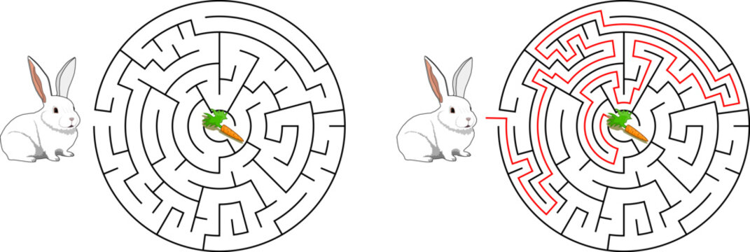 Help bunny pass through maze to find carrot. Feed the hungry pet labyrinth. Not hard riddle for kids and parents with solution