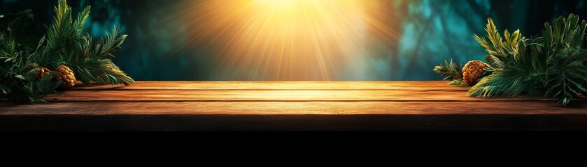 Sunlight illuminates rustic wooden table, warmth and texture in natural light 