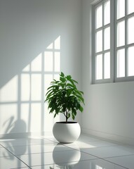 Fototapeta premium minimalist interior featuring a single potted plant placed on a glossy white ceramic floor.