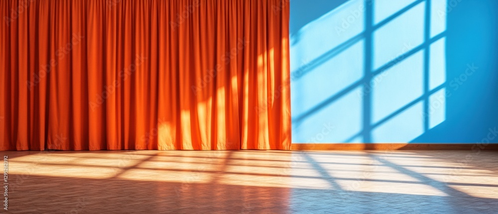 Poster minimalist color block interior vibrant orange curtains and blue wall for modern office design - enh