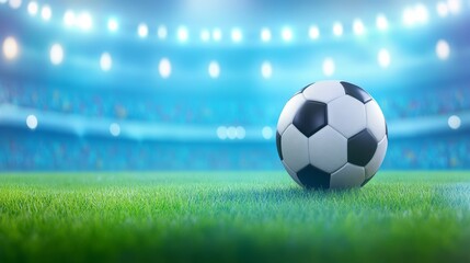 Fototapeta premium Vibrant soccer ball on lush green grass in a stadium, ready for an exciting match