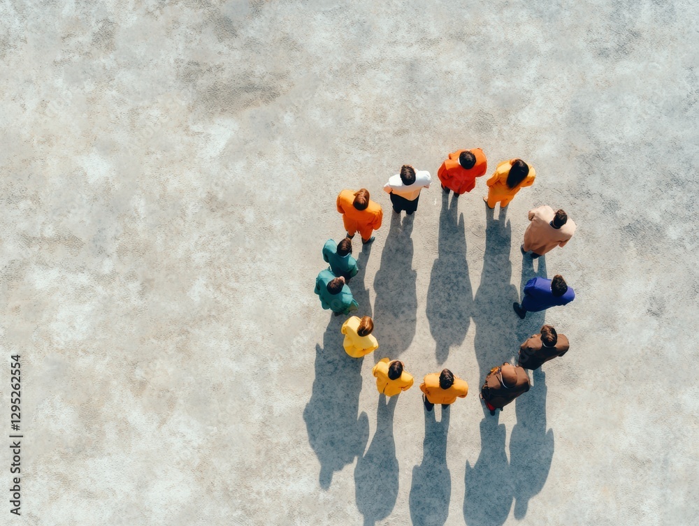 Aufkleber minimalist team collaboration aerial view of diverse group in circle formation on concrete - modern 