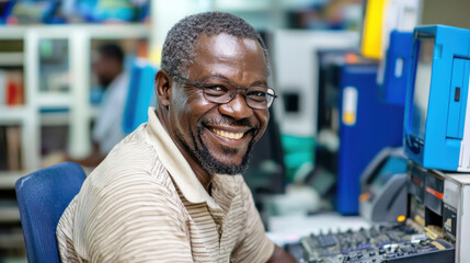 Obraz premium Smiling man working at computer in modern office environment, showcasing joy and professionalism