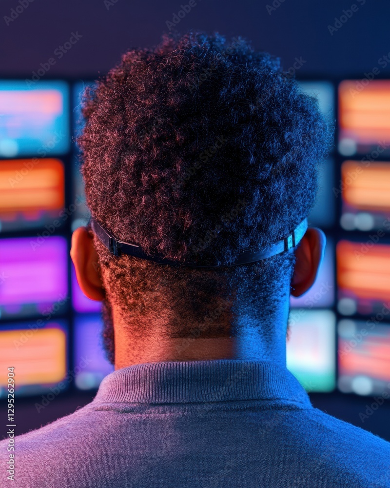 Poster Cybersecurity Command Center Tech-Savvy Professional with Multiple Monitors - Advanced Digital Security Insights and Threat Analysis for Corporate Protection