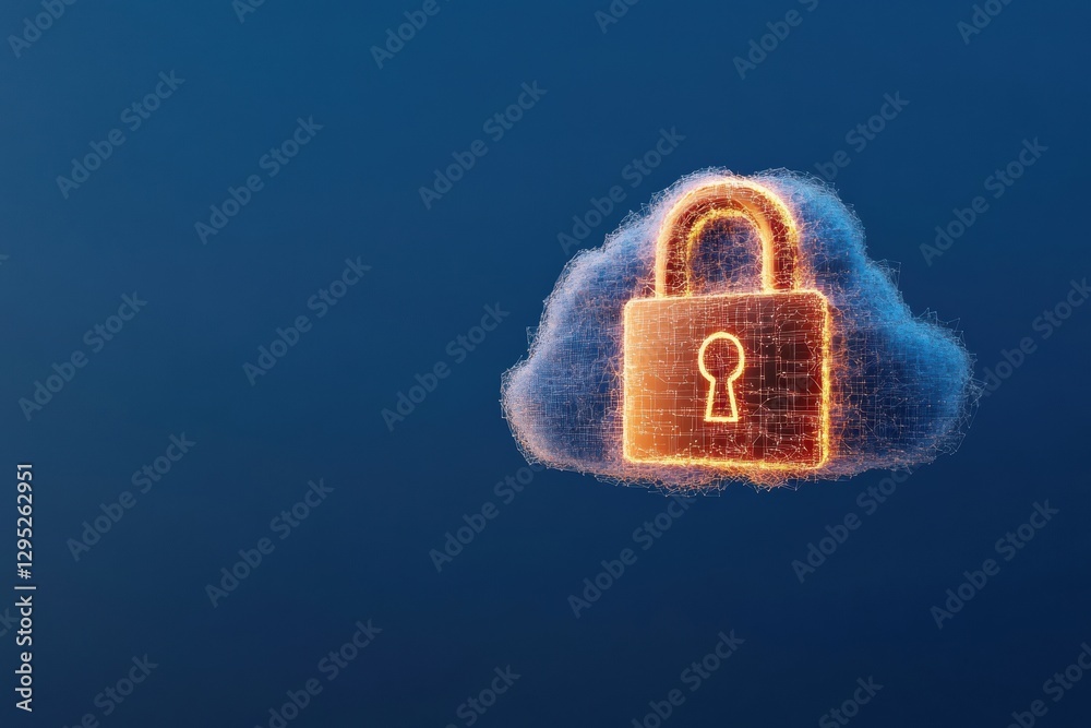 Poster Futuristic Cybersecurity Visualization Luminous Padlock Amidst Data Web - Secure Cloud Encryption for IT Infrastructure and Digital Safety Marketing