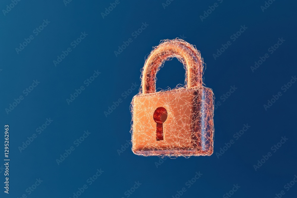 Poster Futuristic Cybersecurity Design Glowing Padlock with Interconnected Data Streams on Gradient Blue - Secured Cloud Storage and Encryption Solutions for IT Marketing