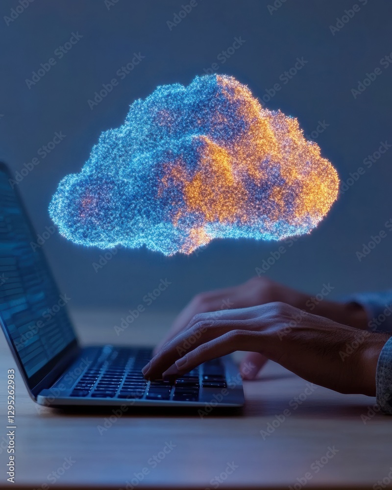 Leinwandbilder Futuristic Digital Workspace Hands on Keyboard with Holographic Cloud - Streamlined Data Protection and Cloud Solutions for Innovative Business Security in High-Tech Blue Ambiance