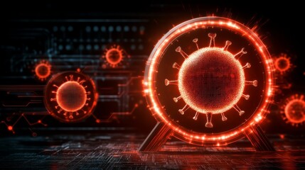 Obraz premium The image depicts stylized, glowing red spheres with spiky protrusions, resembling a virus, against a dark, tech-inspired background with circuit board patterns.