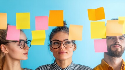 Dynamic Collaborative Brainstorming Diverse Professionals in Modern Workspace Using Colorful Sticky Notes for Innovative Business Wellness Strategies