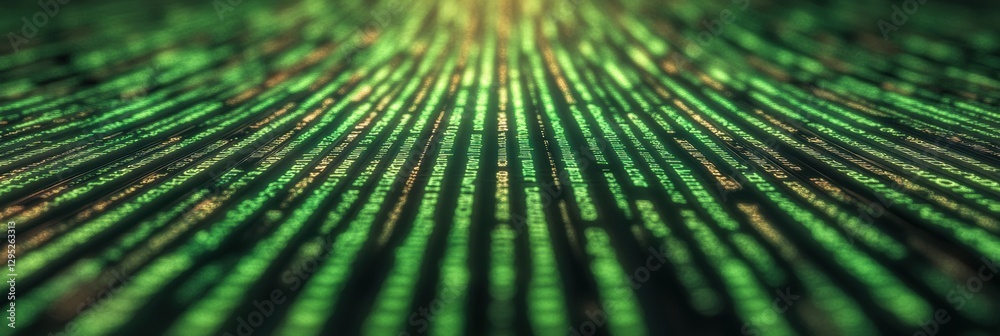 Aufkleber Futuristic Network Visualization of Binary Data Flow on Dark Background - Cutting-Edge Cybersecurity Solutions and Digital Transformation for Tech Industries