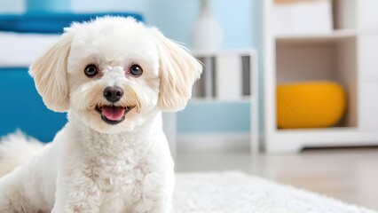 Cute fluffy white dog sitting on rug in bright modern living space