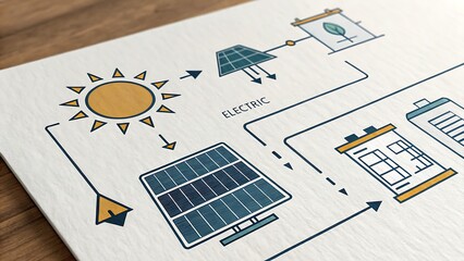 Renewable Energy Technology Solar Energy Concept, Illustration of solar energy system with panels, sun, battery, and energy flow diagram.