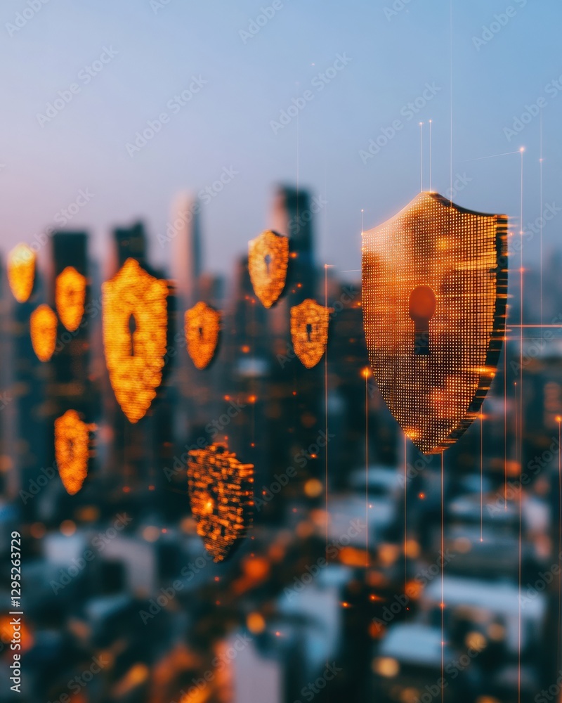 Poster Futuristic Urban Security Visualization Digital Overlay of Illuminated Shield Icons Above Cityscape - Smart Infrastructure Safeguarding in Modern Metropolises for Enhanced Data Protection