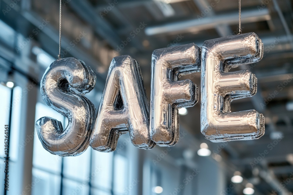 Poster minimalist metallic typography silver safe letters floating in tech hub light - modern business safe
