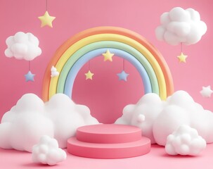 Pastel rainbow podium with clouds and stars for a baby product display