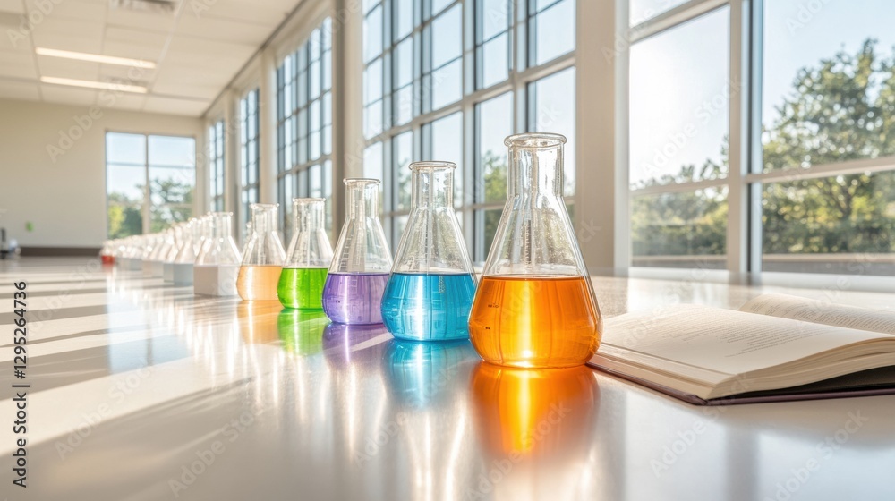 Leinwandbilder Sunlit STEM Lab Colorful Flasks and Open Textbook in Modern Science Classroom - Educational Content and University Lab Innovation for Future-Ready Discovery