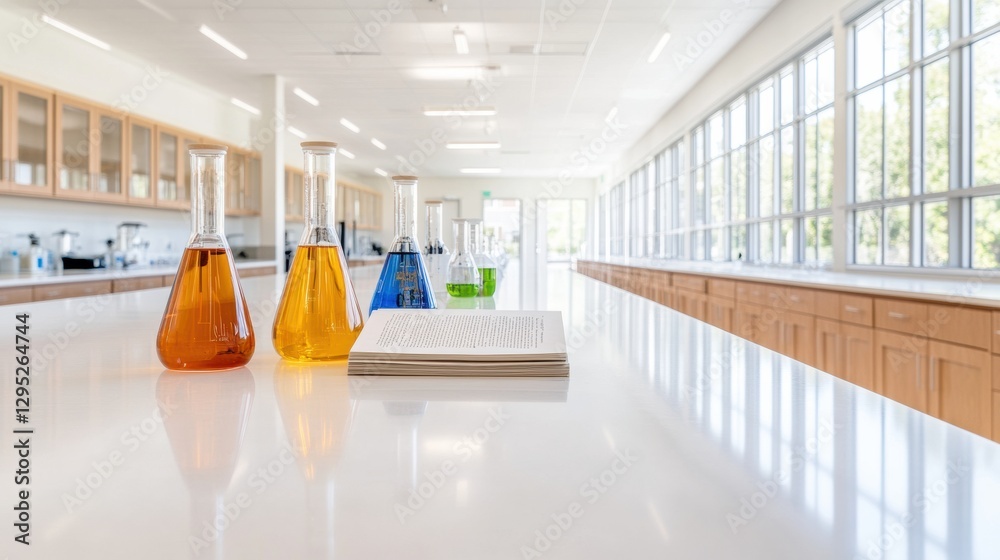 Aufkleber contemporary stem lab modern laboratory with colorful beakers and textbook - educational science con