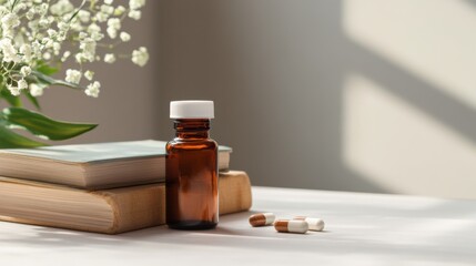 Obesity drug bottle beside a set of wellness books on a table. Featuring knowledge and health