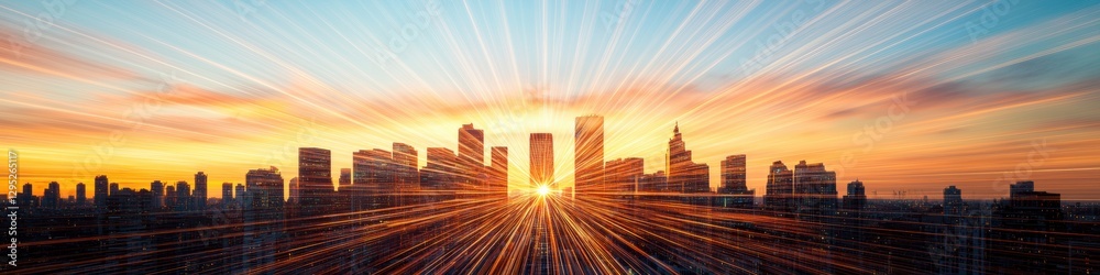 Fototapete Dynamic Urban Skyline Futuristic Skyscrapers with Data Streams and Grid Patterns - Smart City Technology and Innovative Infrastructure for Business and Digital Landscape
