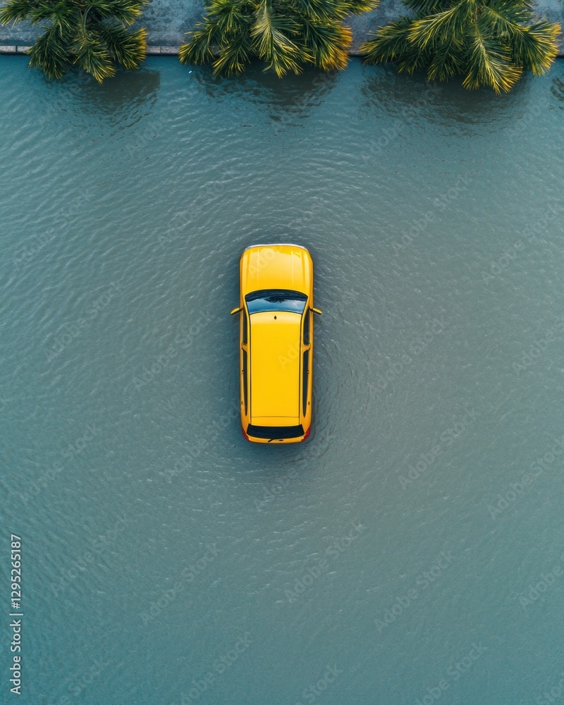 Aufkleber aerial view urban flooding yellow sedan partially submerged in rising waters - infrastructure safety
