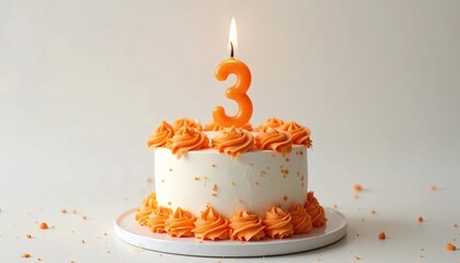 Round Cake with White Frosting and Orange Number 3 Candle for 3rd Birthday

