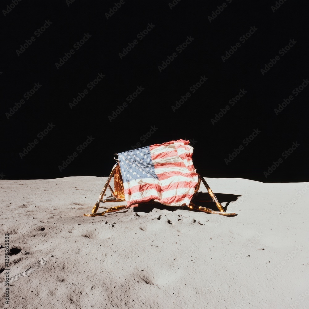 Aufkleber retro-futuristic lunar landing textured module with astronaut footprint and earth in cosmic sky - sp
