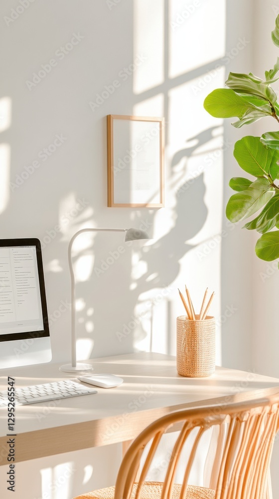 Aufkleber scandinavian workspace design minimalist ergonomic desk with greenery and rustic textures - eco-frie