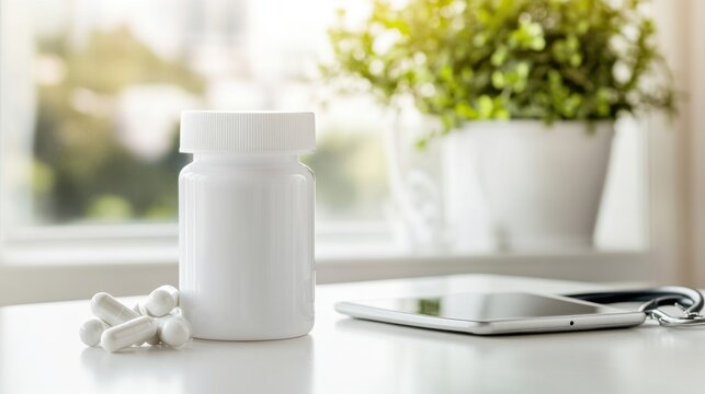 Obesity drug bottle beside a tablet, health reports, and a stethoscope on a desk. Featuring weight management solutions