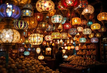Vibrant Colorful Moroccan Lanterns: A Warm, Enchanting Market Scene