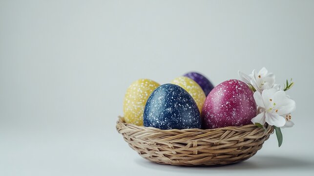 Colorful Easter eggs are placed in a wicker basket, paired with floral patterns, isolated on a white background, representing the concept of Easter celebration and holiday decoration.