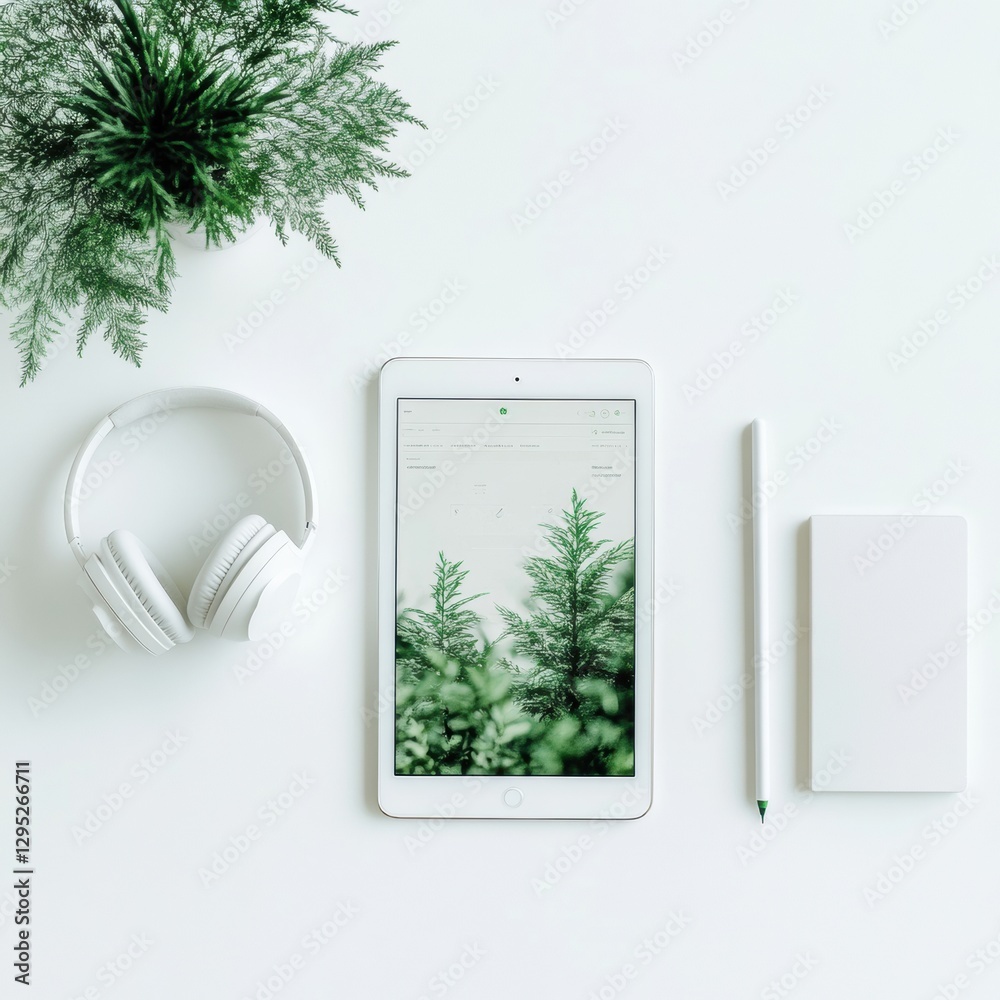 Fototapete Minimalist EdTech Ensemble Tablet with AI Learning Interface, Wireless Headphones and Stylus on White Desk - Enhancing Modern Virtual Classroom Efficiency