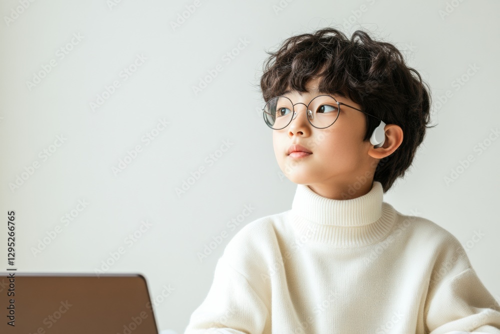 Poster ai-enhanced virtual learning modern korean student with hearing aids in minimalist study room for di