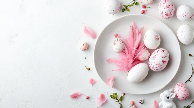 Easter eggs are placed on a white plate, decorated with pink feathers and flowers, and laid flat in a top-down view. The Easter concept background banner is suitable for web design templates.