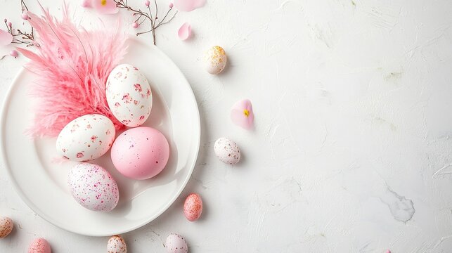 Easter eggs are placed on a white plate, decorated with pink feathers and flowers, and laid flat in a top-down view. The Easter concept background banner is suitable for web design templates.