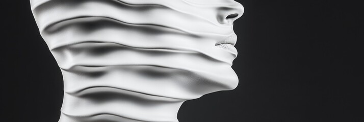 Futuristic Digital Sculpture Wavy Metallic Face on Black - AI Art Piece for Cutting-Edge Tech Advertisements and Innovative Digital Identity Branding