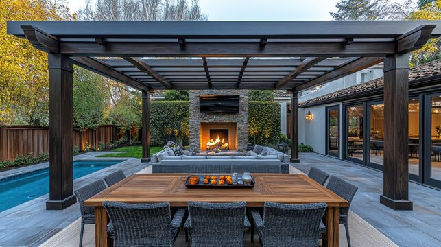 Modern outdoor patio with pergola, fireplace, and pool - Powered by Adobe