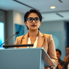 Una ejecutiva hispana está parada en el podio y dando un discurso serio.