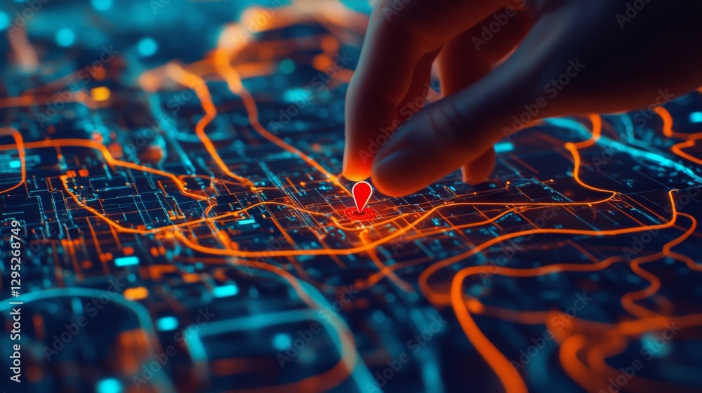 Wall mural cyber navigation interface with gps location pin, glowing transport routes, and ai-powered mapping –