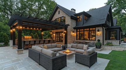 Modern outdoor patio with pergola and fireplace