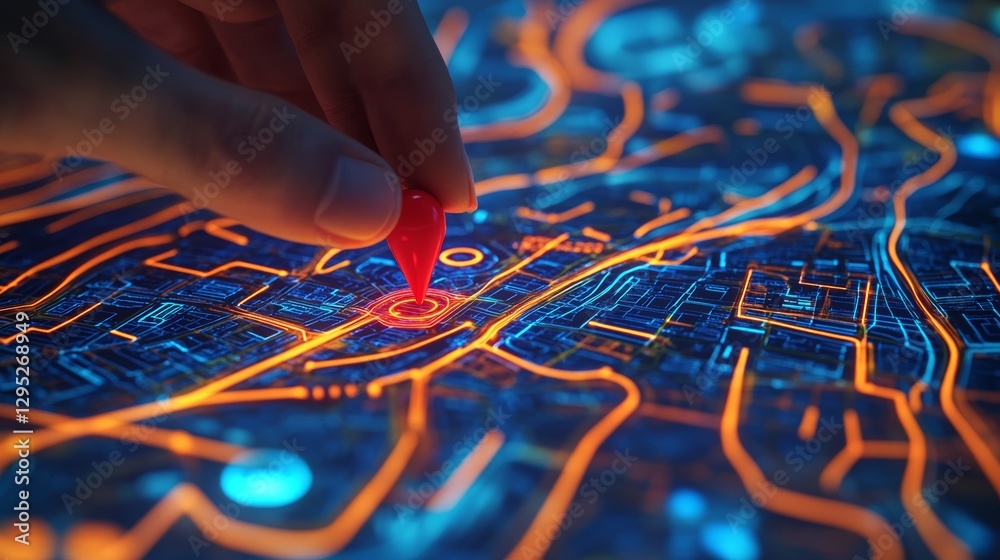 Wall mural digital cityscape with illuminated navigation routes, gps pin, and high-tech mapping interface – fut