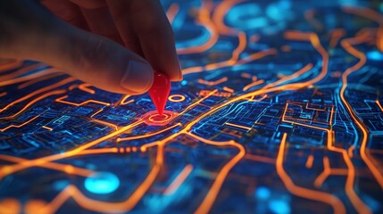 Naklejka premium Digital cityscape with illuminated navigation routes, GPS pin, and high-tech mapping interface – futuristic geolocation and smart tracking system