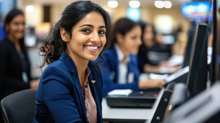 Empowered woman in professional setting, smiling at camera