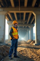 Construction worker inspecting underpass, beams visible, construction, city