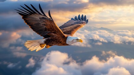 Obraz premium Majestic eagle soaring through vibrant sunset clouds over a serene mountain landscape