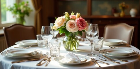 Fototapeta premium A beautifully set table with fine china, crystal glassware, and fresh flowers as a centerpiece, elegant, dining