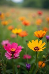 Close-up shot of a variety of vibrant wild flowers in a field, petals, outdoors, blossoms