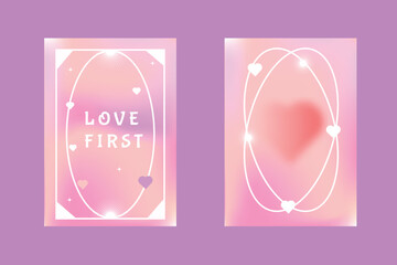 Obraz premium Retro love romantic poster blushed gradient. Heart, text LOVE FIRST, frame. Vector illustration