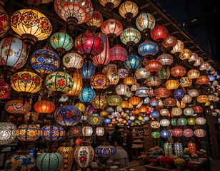 Vibrant Painted Lanterns: A Night Market's Enchanting Glow