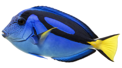 Single vibrant blue tang fish, showcasing its striking deep blue body, bold black markings, and bright yellow tail fin. Isolated on white background. PNG file